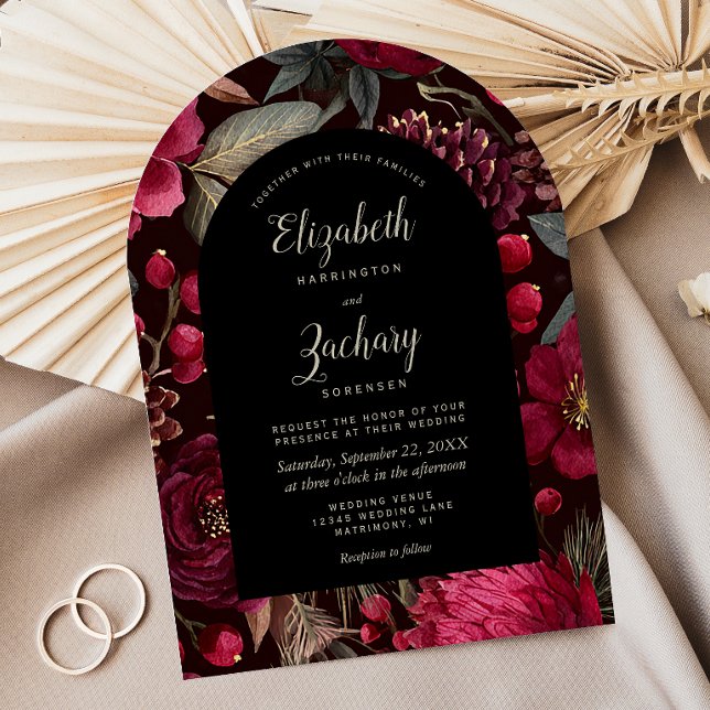 Invitation Mariage Fleurs de Bourgogne foncée sur Cônes de Pi (Créateur téléchargé)