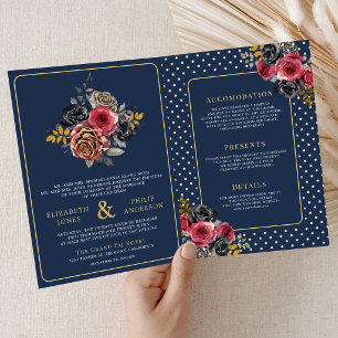 Invitation Mariage Fleurs de Bourgogne Tout en Un Bleu Nuit