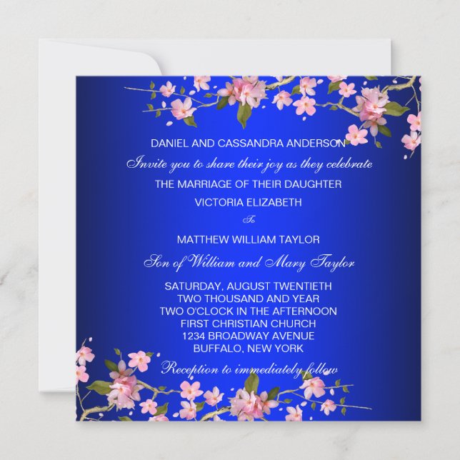 Invitation Mariage Fleurs de Cerisier Bleu Royal Japonais (Devant)