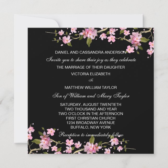 Invitation Mariage Fleurs de Cerisier Japonaises Noir Rose (Devant)