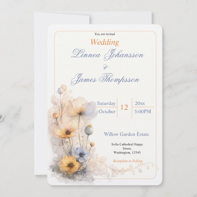 Invitation Mariage Fleurs de Champ Automnales Perles Beige At (Devant)