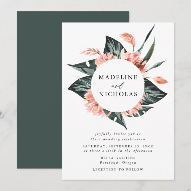 Invitation Mariage Fleurs de Corail Tropicales Aquarelle (Devant / Derrière)