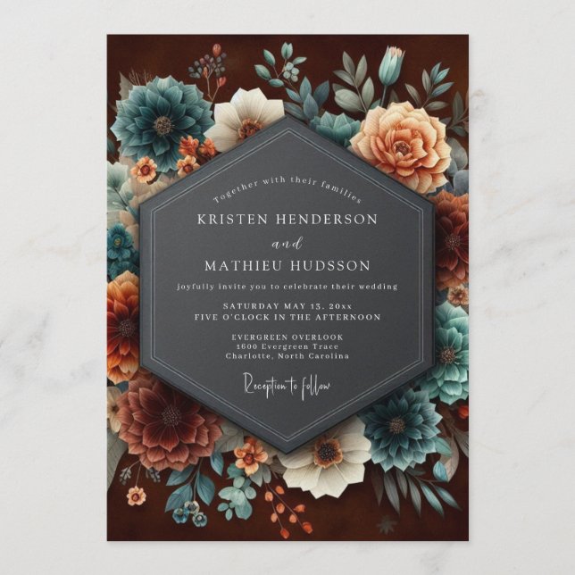 Invitation Mariage Fleurs de Hollande Burgundy Teal (Devant)