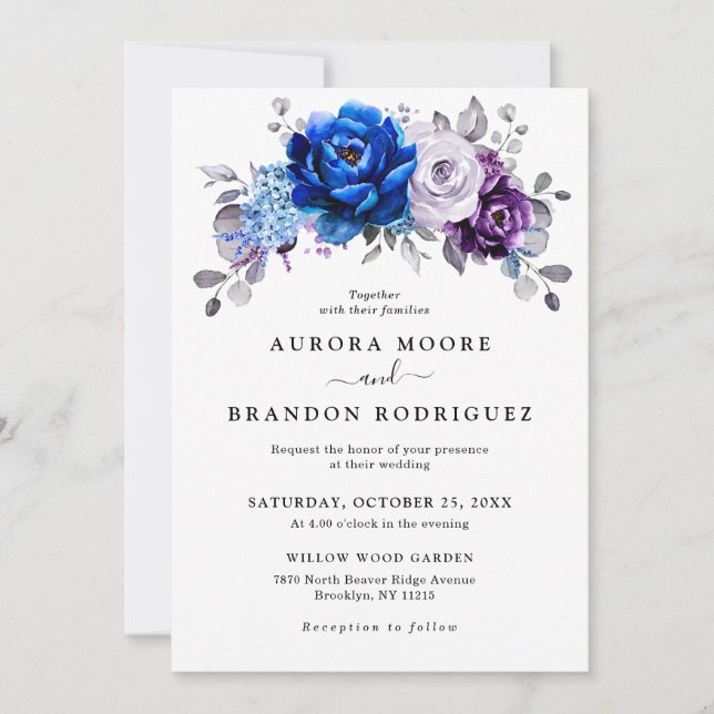 Invitation Mariage Fleurs de Lilas Violet Bleu Royal (Devant)