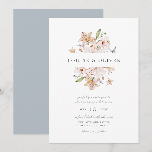 Invitation Mariage Fleurs de Lys Aquarelle Moderne Bleu Pouss (Devant / Derrière)