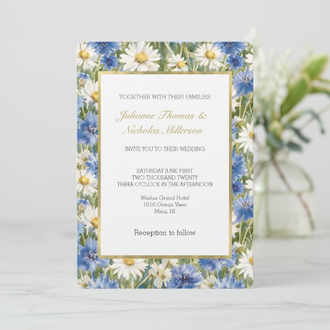 Invitation Mariage Fleurs de Marguerite Bleu Blanc (Debout devant)