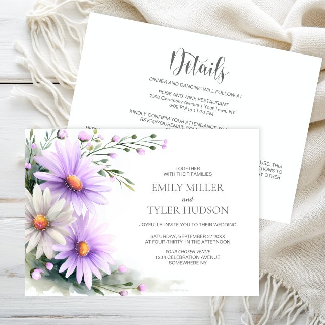 Invitation Mariage Fleurs de Marguerites Violettes et Blanche (Créateur téléchargé)