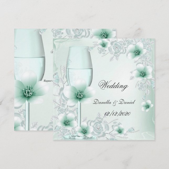 Invitation Mariage Fleurs De Menthe Vert Floral Roses (Devant / Derrière)