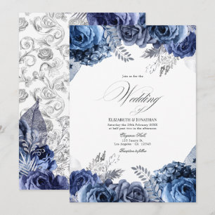 Invitation Mariage Fleurs de Nuit et Blanc avec Feuille d'Arg