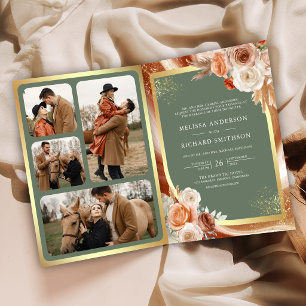 Invitation Mariage Fleurs de Pampas Terracotta Or Vert Sauge