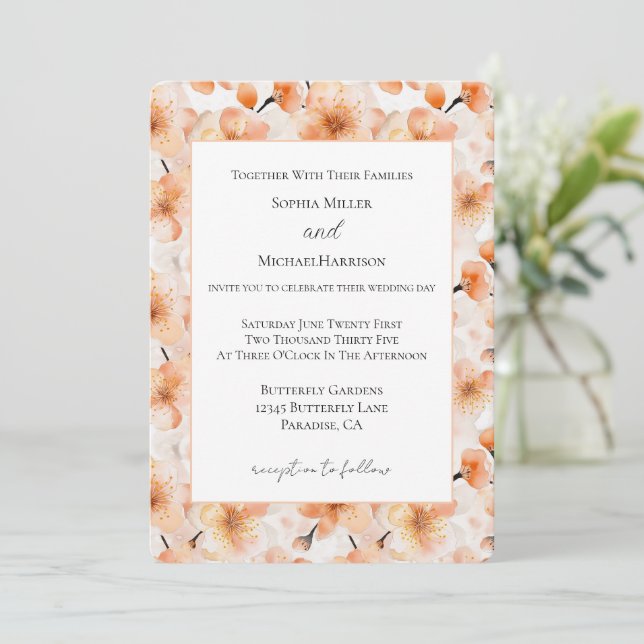 Invitation Mariage Fleurs De Pêche Blush Jolies (Debout devant)