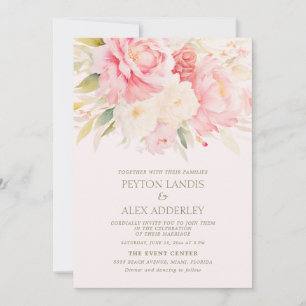 Invitation Mariage Fleurs de Pivoines Aquarelle Ivoire Rose