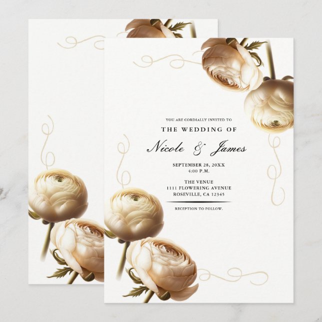 Invitation Mariage Fleurs de Ranunculus Crème et Blanc (Devant / Derrière)