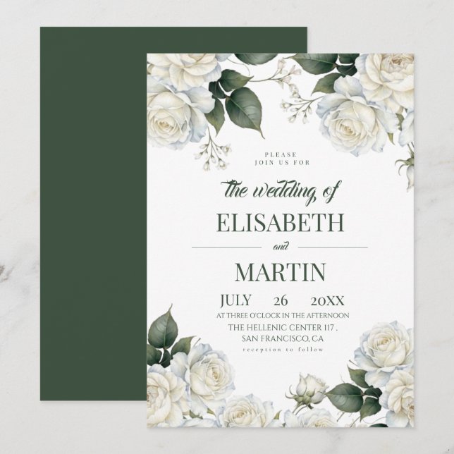 Invitation Mariage Fleurs de Rose Blanche Élégant Moderne Sag (Devant / Derrière)