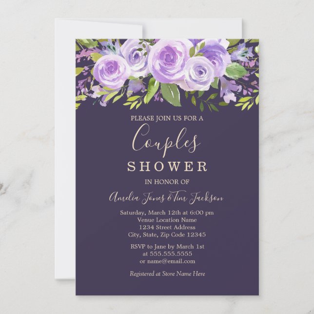 Invitation Mariage Fleurs de Rose Lavande pour Couples (Devant)