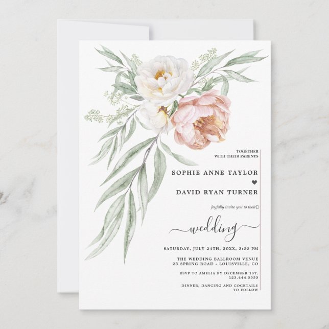 Invitation Mariage Fleurs de Rose Poussiéreuse Blanche Aquare (Devant)