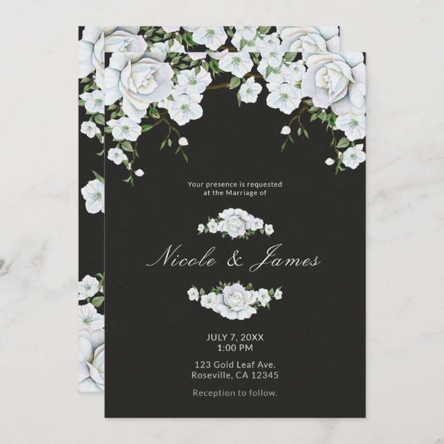 Invitation Mariage Fleurs de Roses Blanches et Gris Charbon (Devant / Derrière)