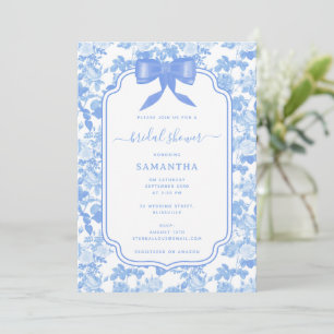Invitation Mariage Fleurs de Roses Bleu Blanc Chinoiserie