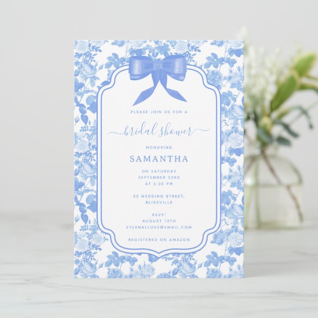 Invitation Mariage Fleurs de Roses Bleu Blanc Chinoiserie  (Debout devant)