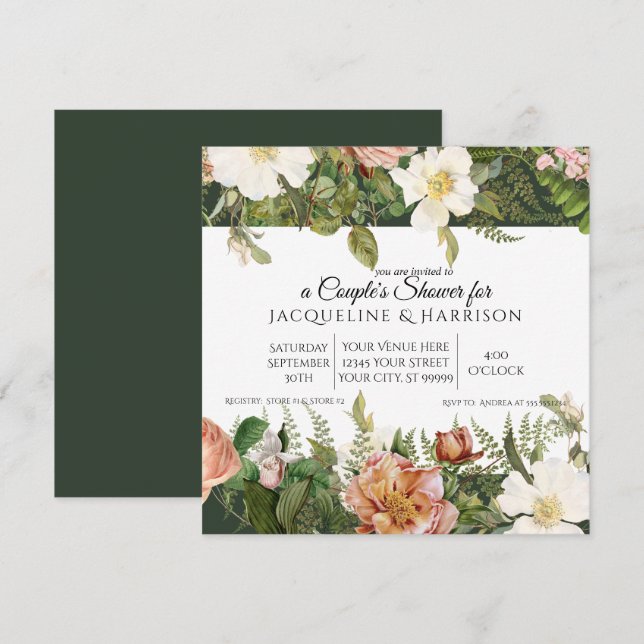 Invitation Mariage | Fleurs de Roses Corail et Ivoire en Forê (Devant / Derrière)