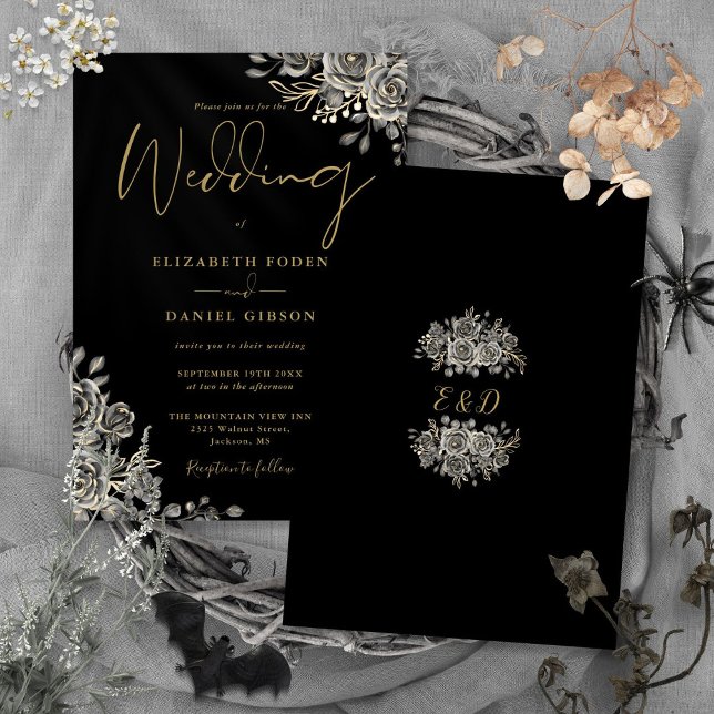 Invitation Mariage Fleurs de Roses Gothiques Noir et Or (Gothic Roses Floral Black And Gold Wedding Invitation)