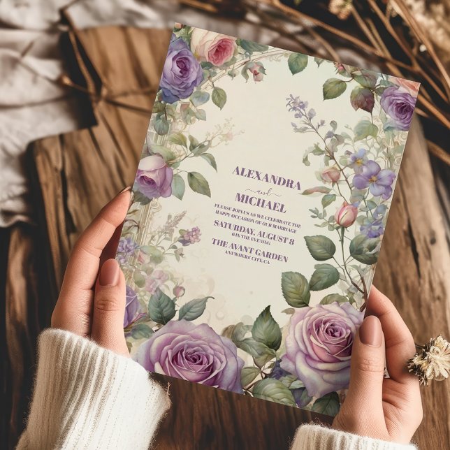 Invitation Mariage Fleurs de Roses Violettes Vintage (Créateur téléchargé)