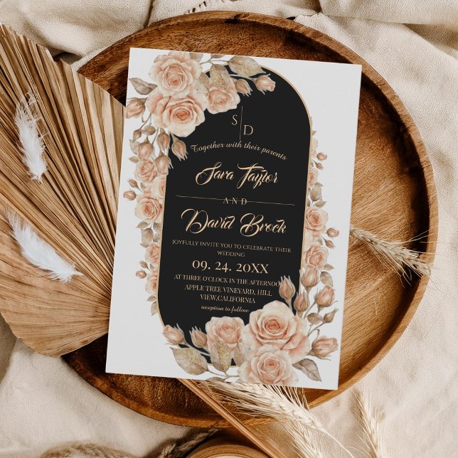 Invitation Mariage Fleurs de Rosier Or Boho (Créateur téléchargé)