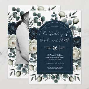 Invitation Mariage Fleurs de Saisons Modernes Bleu Foncé et B