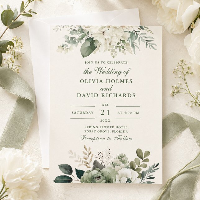 Invitation Mariage Fleurs de Sauge Moderne et Ivoire (Modern Sage Green and Ivory Flowers Wedding Invitation on a table with flowers and green ribbon)