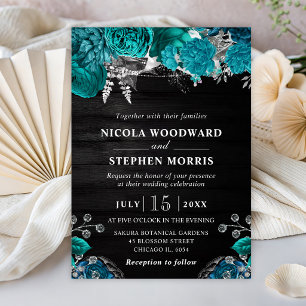Invitation Mariage Fleurs de Teal et Argent Aquarelle Rustiqu