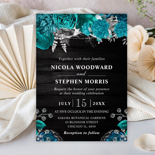Invitation Mariage Fleurs de Teal et Argent Aquarelle Rustiqu (Créateur téléchargé)