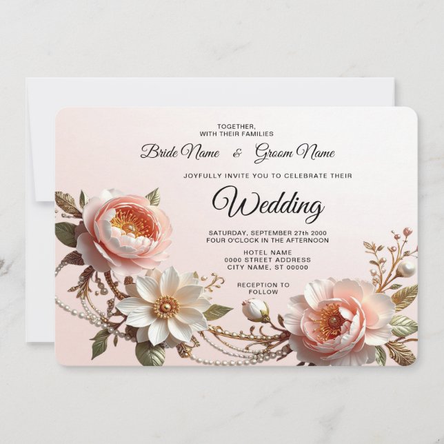 Invitation Mariage Fleurs Décoratives Roses et Blanches (Devant)