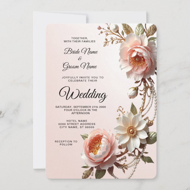 Invitation Mariage Fleurs Décoratives Roses et Blanches (Devant)