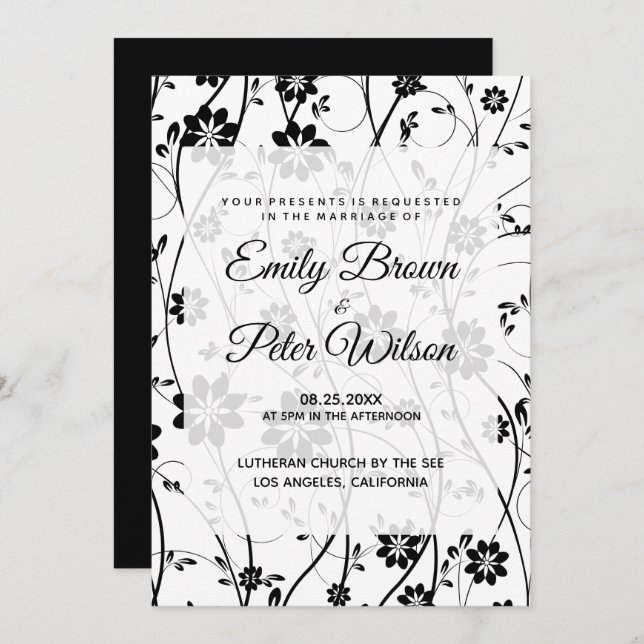 Invitation Mariage Fleurs délicates noires Élégantes (Devant / Derrière)