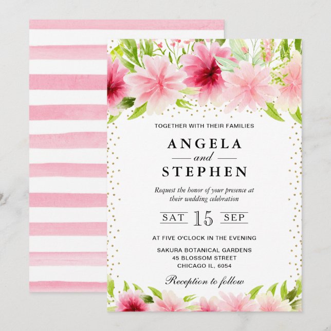 Invitation Mariage Fleurs d'Été Rose Aquarelle (Devant / Derrière)