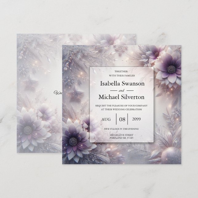 Invitation Mariage Fleurs d'Hiver Améthyste Douce et Argent (Devant / Derrière)