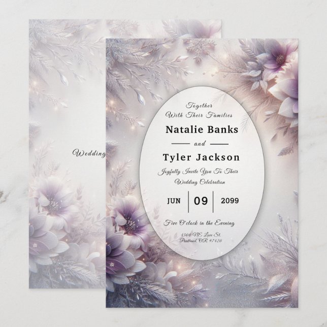 Invitation Mariage Fleurs d'Hiver Améthyste Douce et Argent (Devant / Derrière)