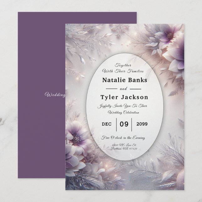 Invitation Mariage Fleurs d'Hiver Argent et Améthyste Douce (Devant / Derrière)