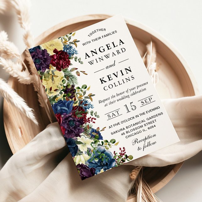 Invitation Mariage Fleurs d'Hiver Rouge et Marine (Créateur téléchargé)