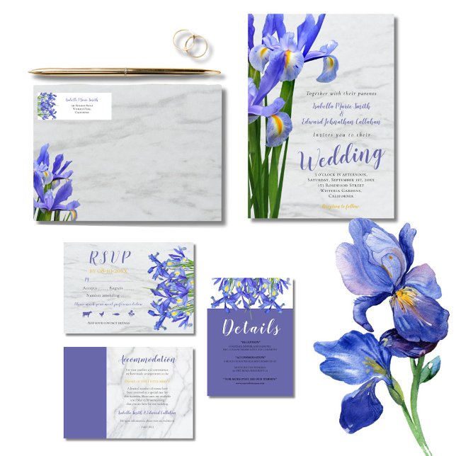 Invitation Mariage Fleurs d'Iris Bleu Royal Moderne Points Bl (Créateur téléchargé)