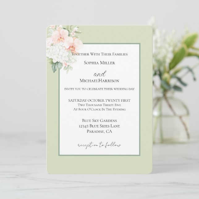 Invitation Mariage Fleurs d'Orchidée Rose Pêche Vert Avocat (Debout devant)