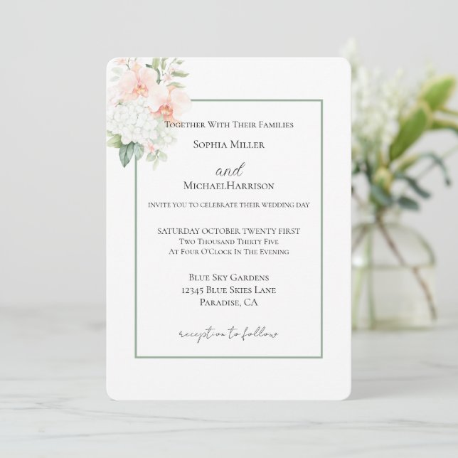 Invitation Mariage Fleurs d'Orchidées Rose Pêche Verte (Debout devant)