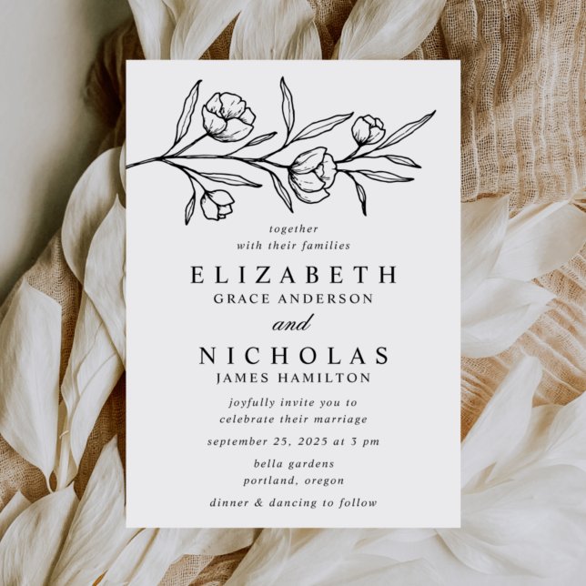 Invitation Mariage Fleurs Esquisées Blanc et Noir (Créateur téléchargé)