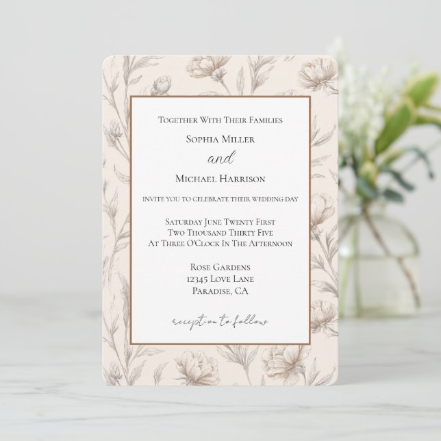 Invitation Mariage Fleurs Esquissées Crème (Debout devant)