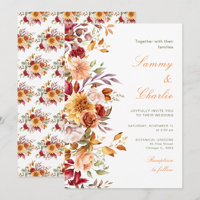 Invitation Mariage Fleurs et Feuillage d'Automne (Devant / Derrière)