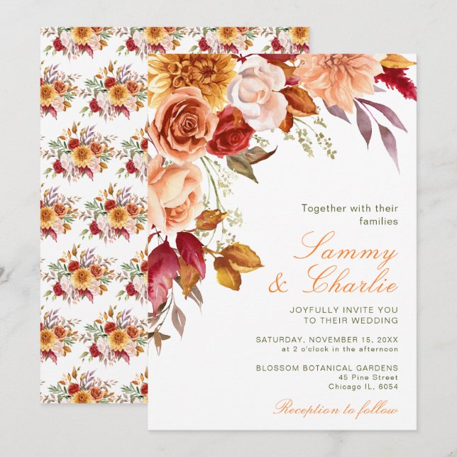 Invitation Mariage Fleurs et Feuillage d'Automne (Devant / Derrière)