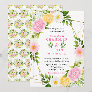 Invitation Mariage Fleurs et Feuillage Rose et Jaune d'Été