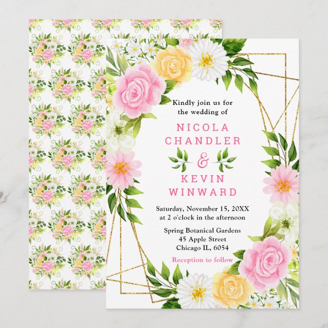 Invitation Mariage Fleurs et Feuillage Rose et Jaune d'Été (Devant / Derrière)