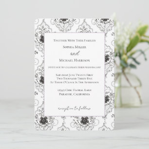 Invitation Mariage Fleurs Faux Dentelle Noir Blanc