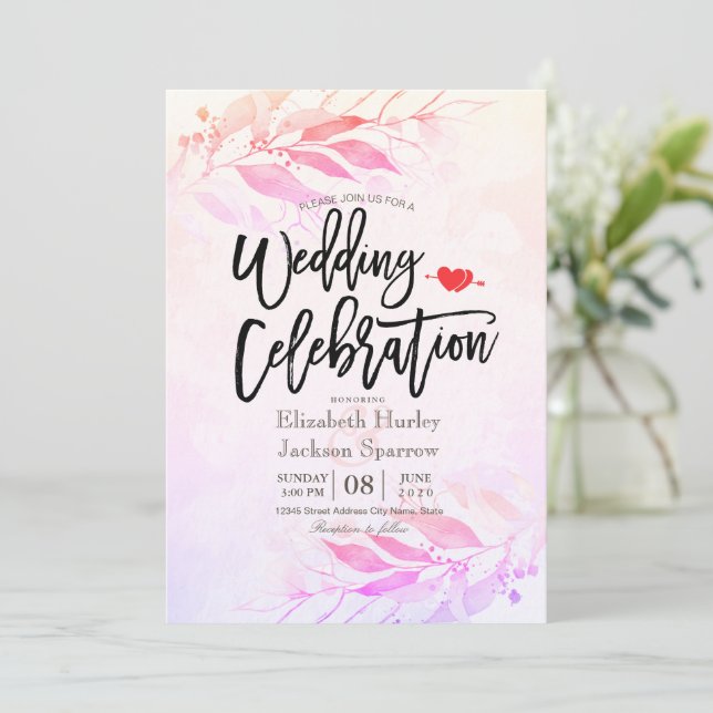Invitation Mariage Fleurs Feuilles Aquarelle Magenta Botaniqu (Debout devant)
